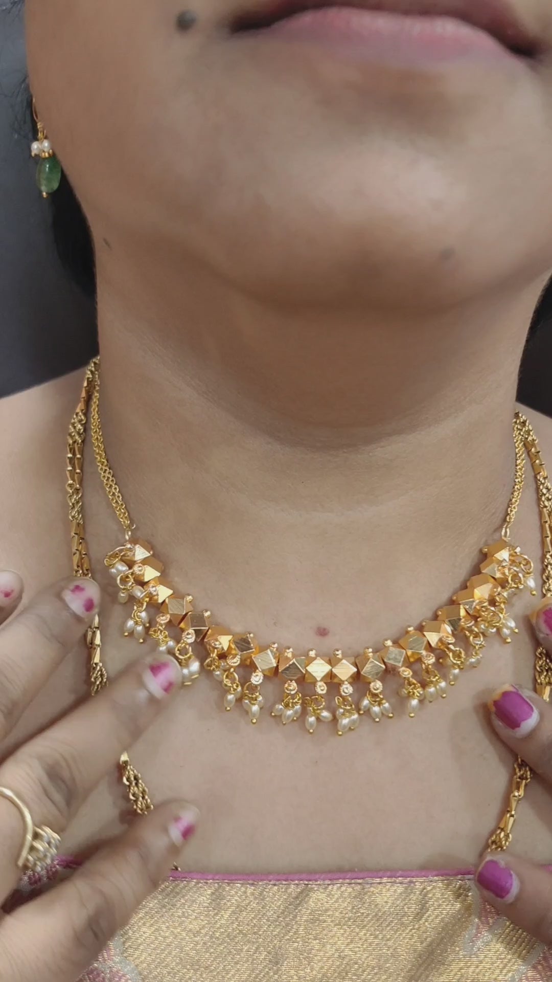 Panchaloham palakasaralu neck set with rice pearls hangings